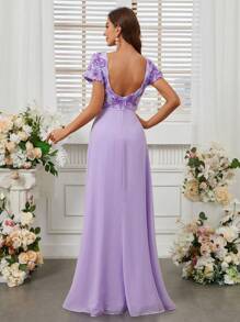 SHEIN Belle Thêu hoa U-Back Váy phù dâu Với 3D Hiệu ứng Hoa ( Người lớn ) - Màu tím hoa cà - Xem 2