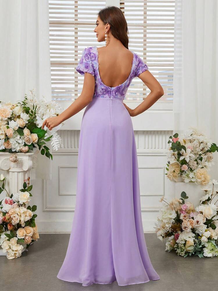 Floral Embroidery U-Back Bridesmaid Dress With 3d Effect Flowers (Adult)