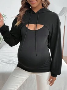 SHEIN Maternity Short Hoodie And Vest Set With Drawstring - Black - View 2