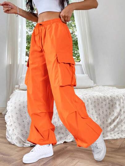 SHEIN EZwear 多機能カーゴパンツ ドーパミンオレンジ ソリッド
