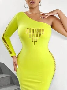 SHEIN SXY Plus Size Women's Spring Summer Off The Shoulder Seamless Hollow Out Bodycon Dress - Green - View 4