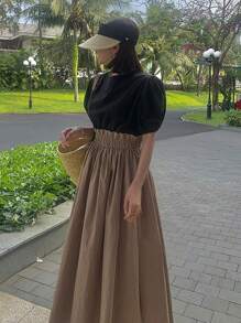 DAZY Vestido de mujer con mangas abullonadas y cintura ajustable en estilo de patchwork para uso diurno - Caqui - Ver 5