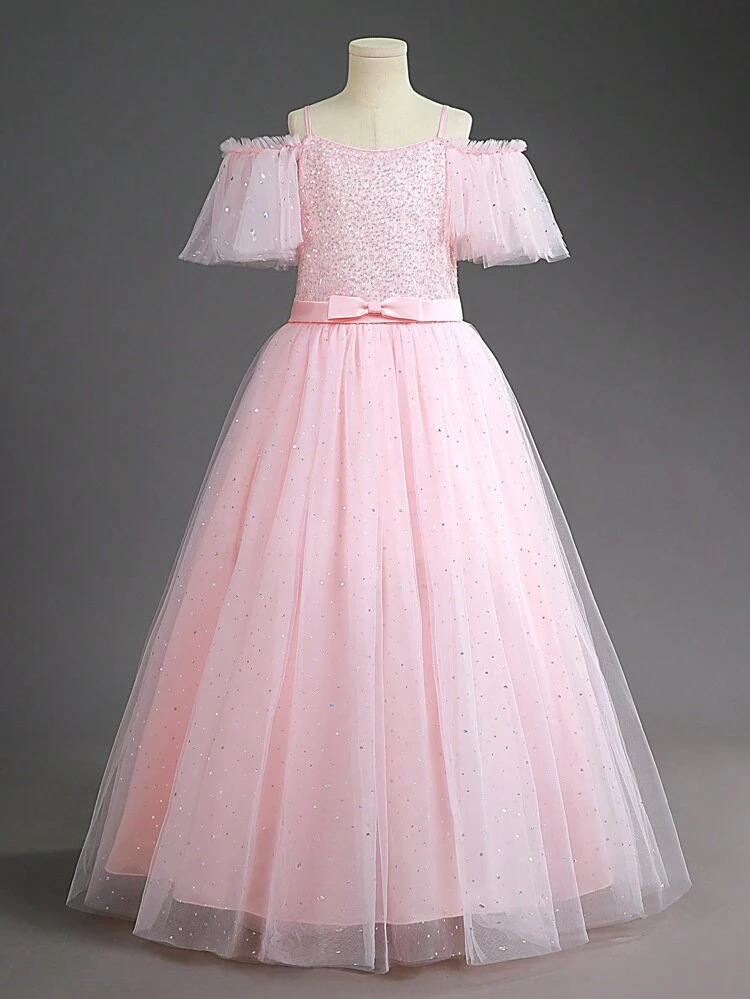 Tween Girl Glamour Sequined Tulle Puffy Princess Long Flower Girl Dress, Party Bridesmaid Gown For Birthday, Performance