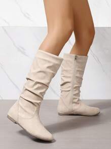 Beige Fashionable Knee-High Boots For Women, Comfortable Flat Heel With Side Zipper Closure - Beige - View 2