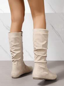Beige Fashionable Knee-High Boots For Women, Comfortable Flat Heel With Side Zipper Closure - Beige - View 4