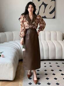 DAZY Của phụ nữ Tương phản Màu sắc In hoa Áo sơ mi Và Bộ váy - màu nâu - Xem 1