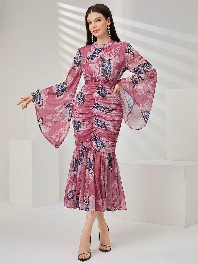 Women'S Stand Collar Flare Sleeve Dress Long Evening Dresses Fall Cloth For Women