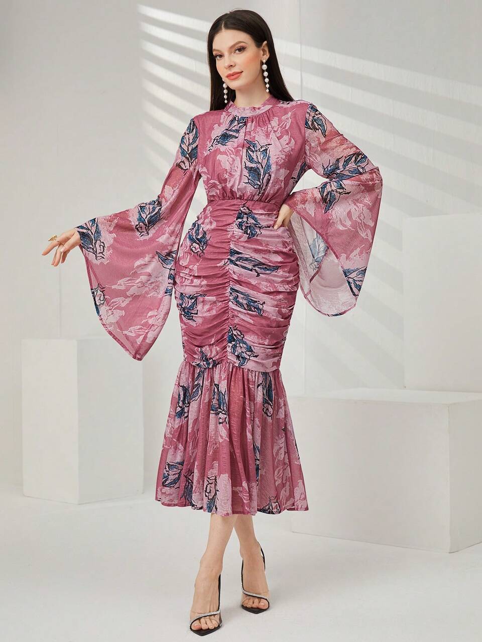 Women'S Stand Collar Flare Sleeve Dress Long Evening Dresses Fall Cloth For Women
