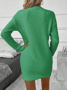 SHEIN Clasi 純色落肩休閒毛衣連身裙 - 綠色 - 查看 2