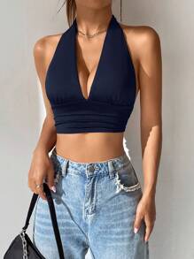 SHEIN EZwear Women's Deep V-Neck Backless Halter Top - Navy Blue - View 5