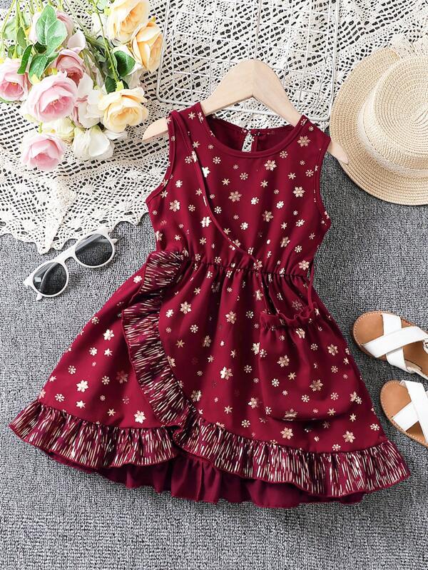 SHEIN Vestido sin mangas rojo festivo de Ramadán con dobladillo asimétrico e impresión en lámina de oro para niñas jóvenes, verano