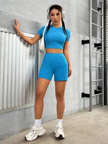 SHEIN PETITE Damen Einfarbiges Texturiertes Slim Fit 2 Stücke Set - Blau - Übersicht 6