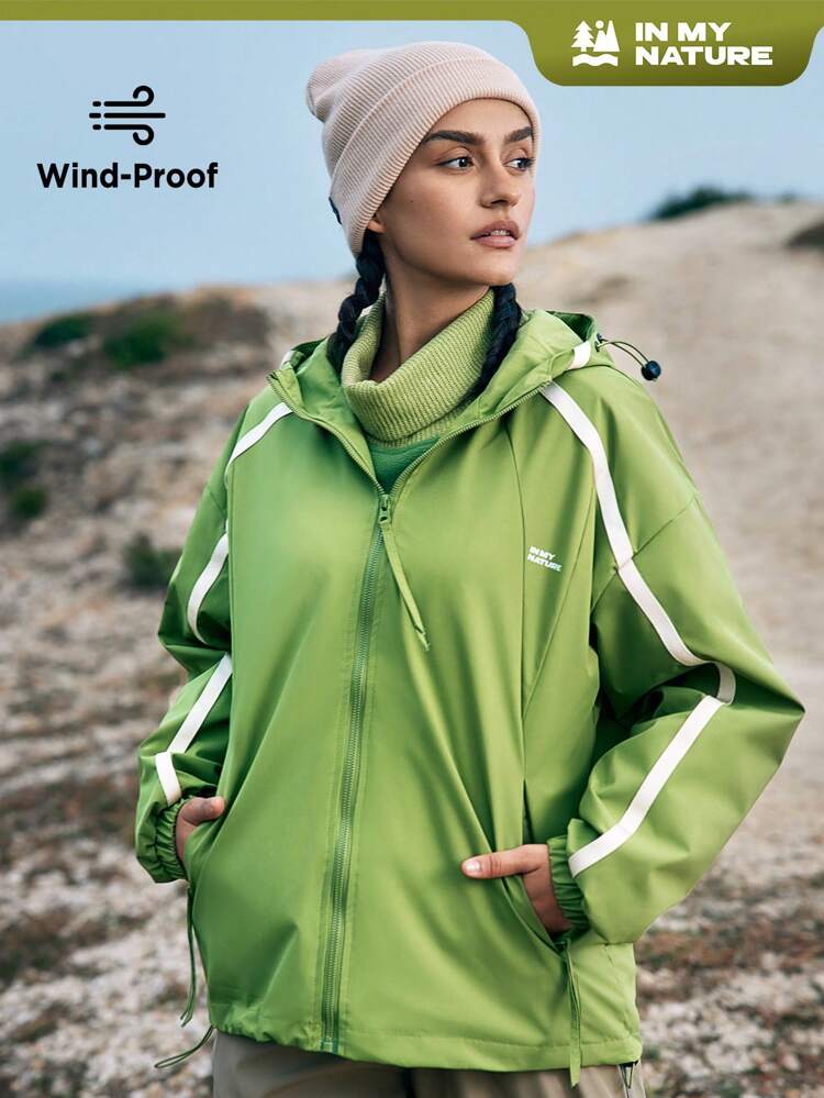 Women's Colorblock Zipper Opening Drawstring Hooded Outdoor Sports Jacket