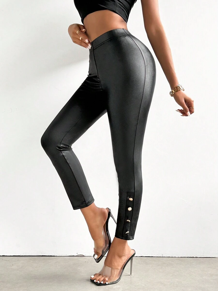 SHEIN Privé Của phụ nữ Cao eo Nút Khép kín Hem Co giãn Xà cạp - màu đen - Xem 1