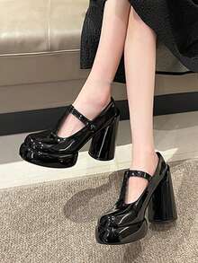 女款粗跟瑪莉珍鞋,黑色,圓頭皮革性感鞋款,適用於辦公室女士,jk制服 - 黑色 - 查看 2