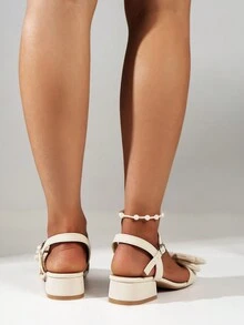 女用簡單蝴蝶結和露趾高跟涼鞋,踝帶,白色 - 米色 - 查看 3