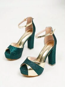 Women's Platform Chunky Heel Waterproof Dress Sandals With Metallic Decoration, Elegant