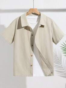 SHEIN Tween Boy Loose Casual Turn-Down Collar Tiger & Letter Print Short Sleeve Shirt