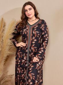 Al Najma Vestido largo de manga larga con estampado floral y parches, con cinturón para mujeres de talla grande - Multicolor - Ver 6