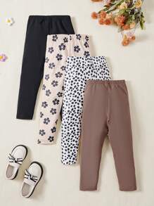 Conjunto De Combinación De Leggings Para Niñas Pequeñas Con Patrón Floral Tejido Y Leggings De Longitud Completa De Color Sólido (4 Piezas) - Multicolor - Ver 2