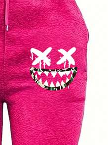INAWLY Women's Sweatpants With Adjustable Drawstring Waist And Emoticon Print - Hot Pink - View 3