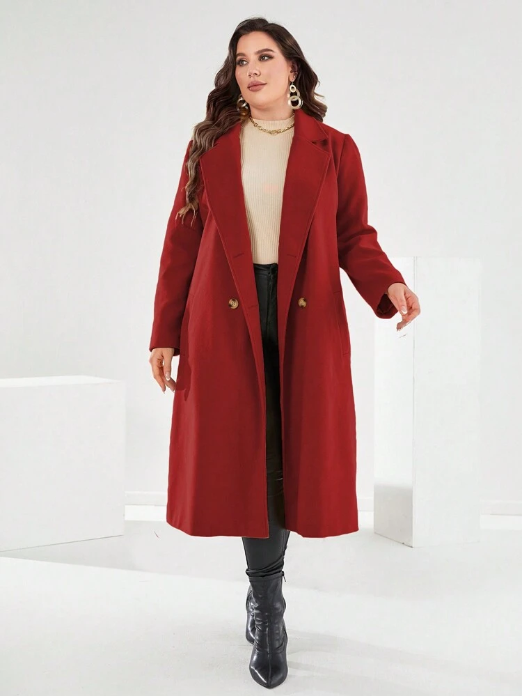 Burgundy Red Plus Size Lapel Collar Overcoat With Side Pockets Fall Winter Cloth For Women Autumn