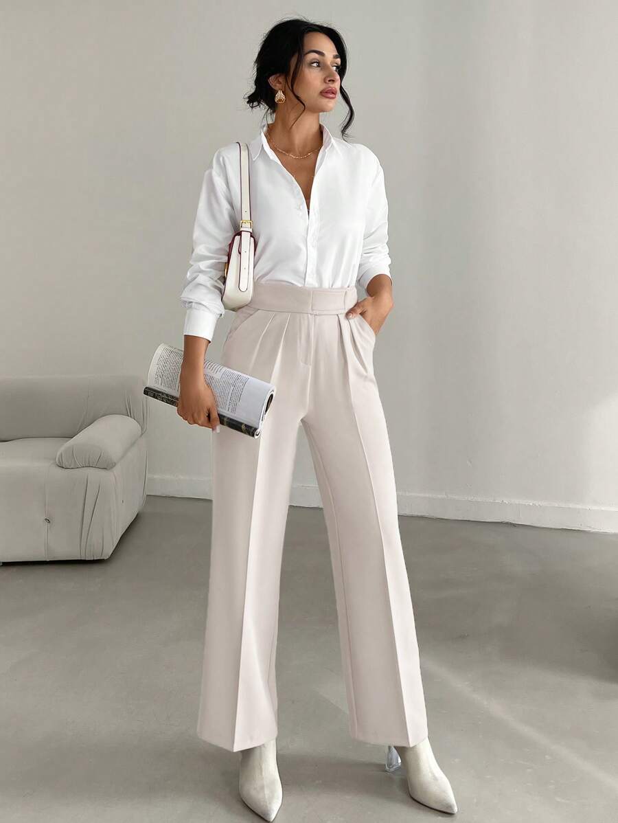SHEIN Cottnline High Waist Seam Front Straight Leg Suit Pants - Beige - View 1