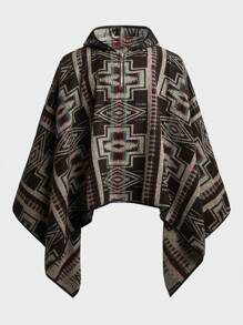 SHEIN 男式幾何圖案毛呢連帽外套,蝙蝠袖款式 - 黑色 - 查看 1