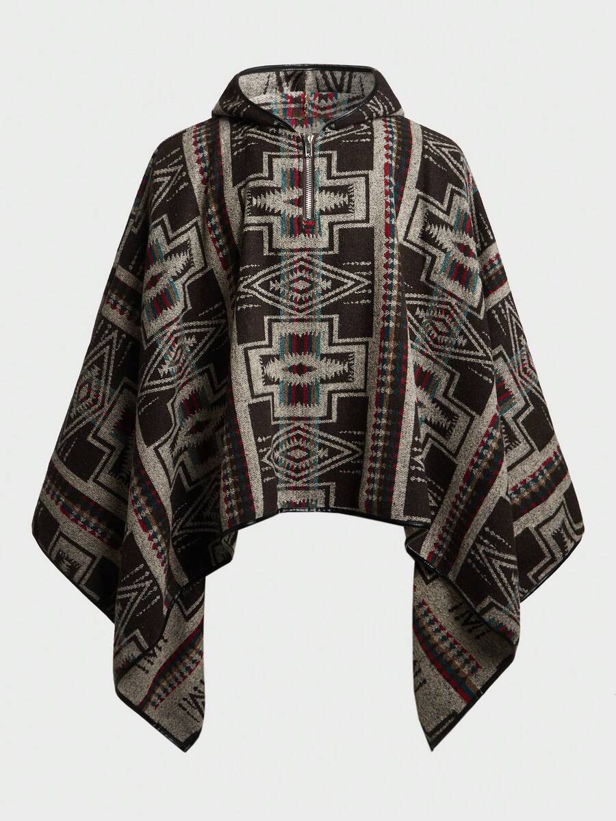 SHEIN 男式幾何圖案毛呢連帽外套,蝙蝠袖款式 - 黑色 - 查看 1