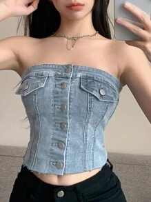 DAZY 纯色纽扣前开襟露脐牛仔抹胸上衣，适合节日穿着 - 淺色水洗藍 - 查看 3