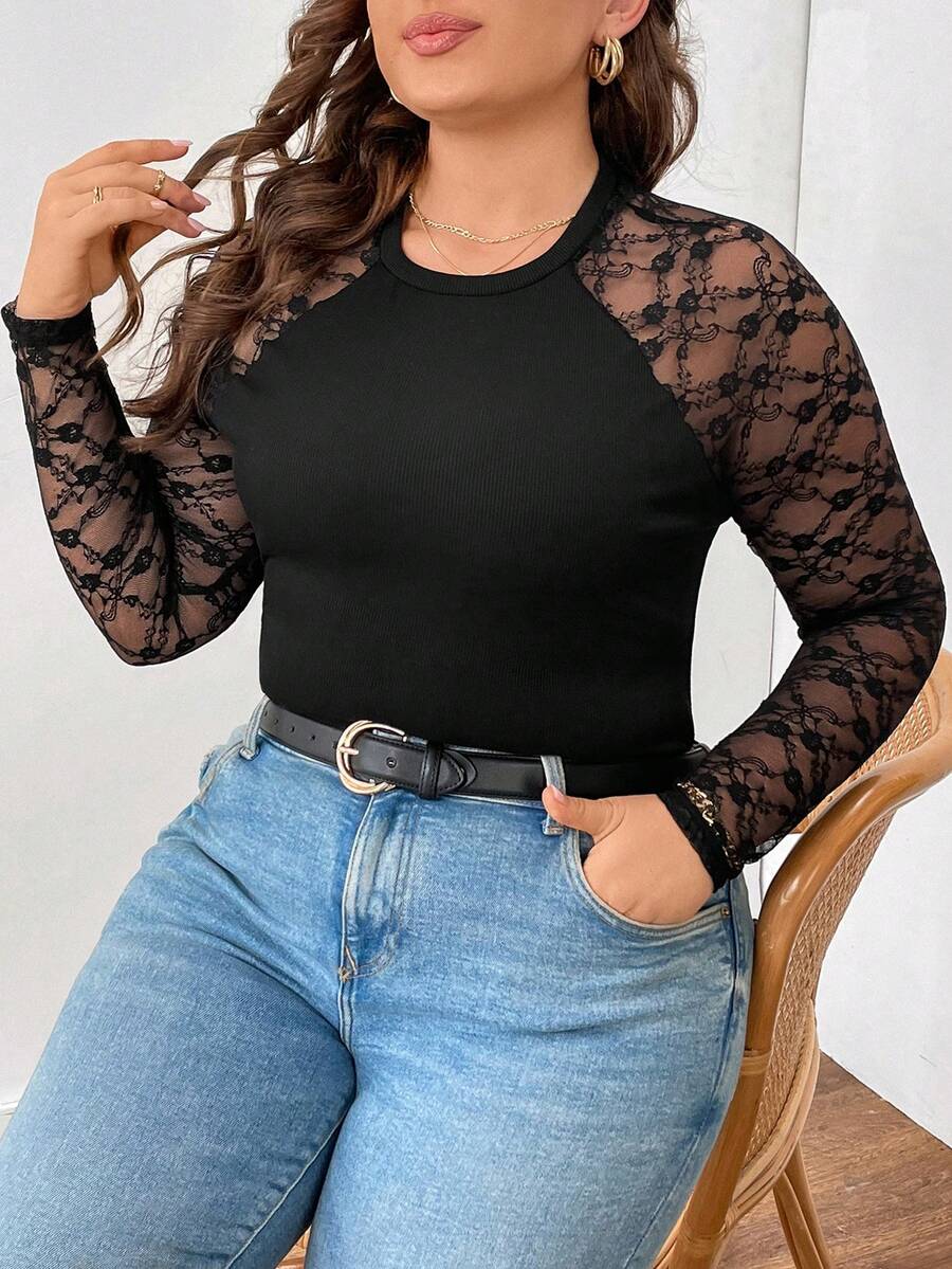 SHEIN Frenchy Plus Size Valentine Lace Patchwork Raglan Sleeve T-Shirt - Black - View 1