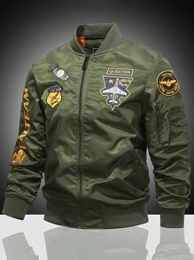 Men's Fashionable Casual Flight Jacket With Embroidery Baseball Collar - Army Green - View 1