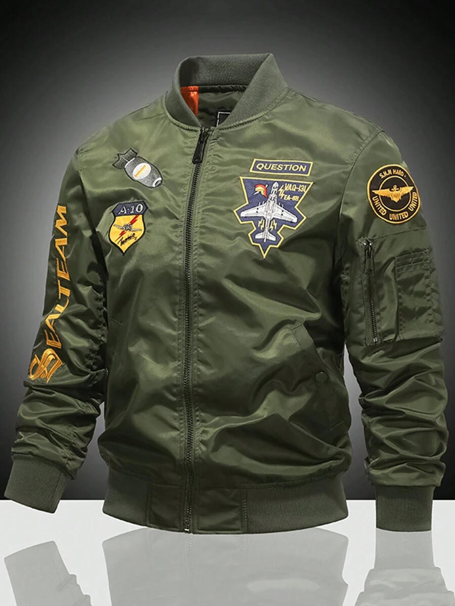 Men's Fashionable Casual Flight Jacket With Embroidery Baseball Collar - Army Green - View 1