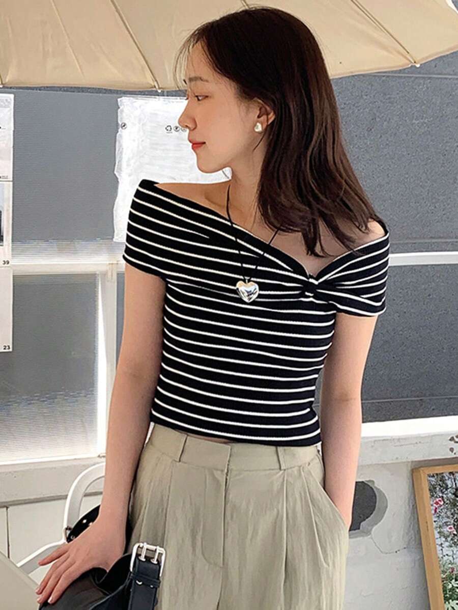 DAZY Women's Slim Fit Striped Off Shoulder T-Shirt - Black and White - View 1