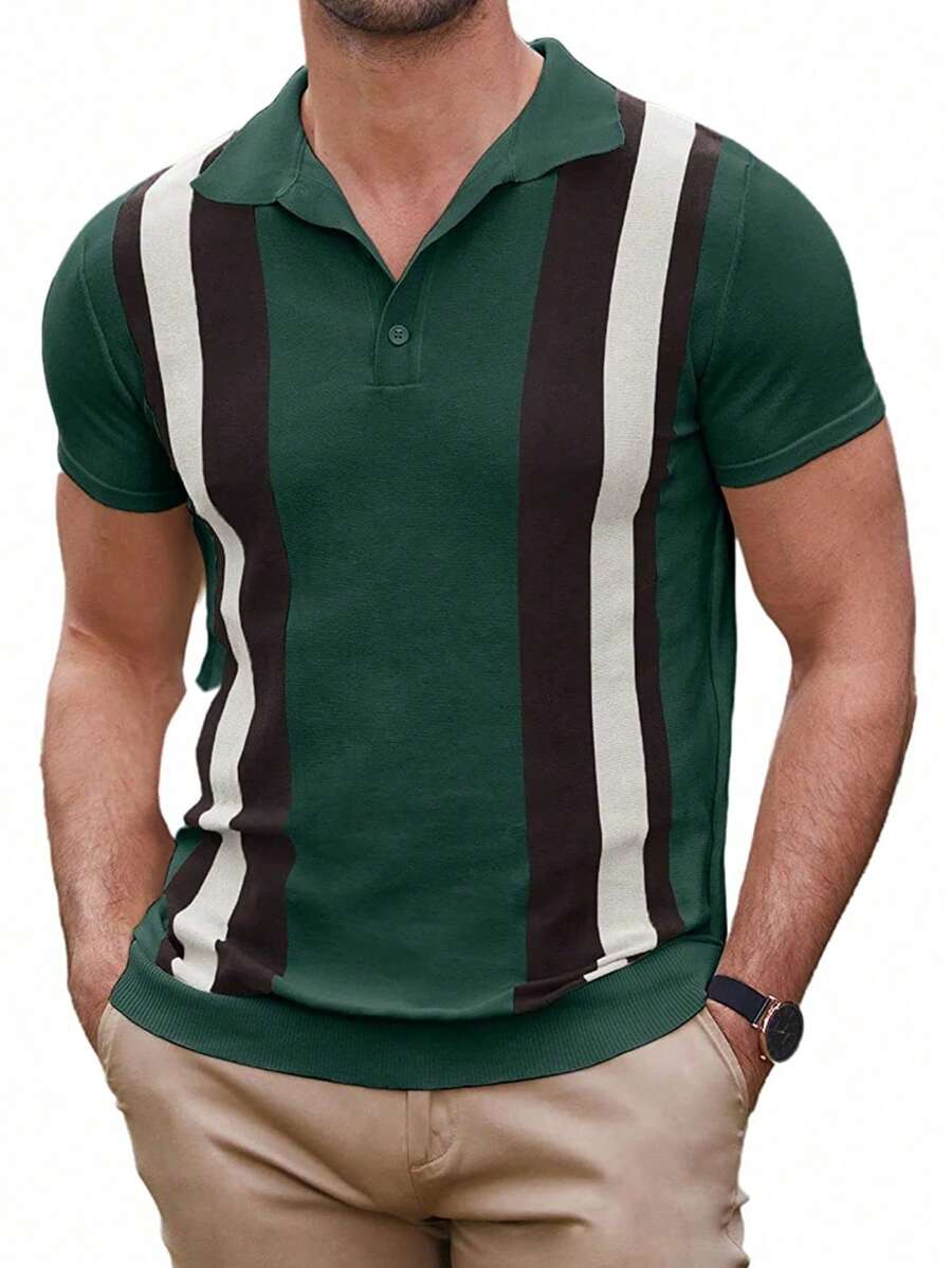 Nam Khối màu Sọc Cổ áo Polo Áo len dệt kim - màu xanh lá - Xem 1
