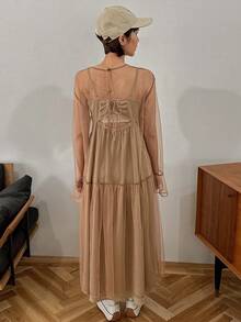 FRIFUL 女士網紗拼接連衣裙 - 卡其色 - 查看 2