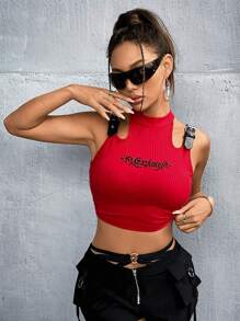 SHEIN ICON Y2k復古的扣帶裝飾紅色空心肩部短袖背心上衣