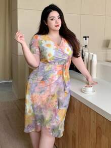 Dazy Plus Plus Size Elegant Floral Wrap Dress With Ruffle Hem Sundress Vacation Cruise Outfit For Women - Multicolor - View 5