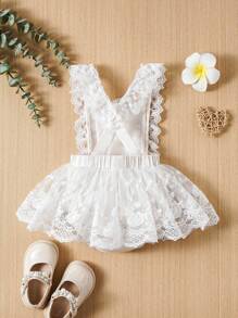 Souflis Souflis 嬰兒女童白色花辦網眼蕾絲連體衣，配褶邊下擺 - 白色 - 查看 3