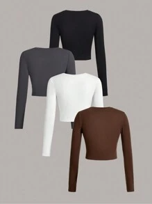 SHEIN Essnce 4入組全體適用黑色白色棕色灰色修身女士休閒長袖T恤 - 彩色 - 查看 2