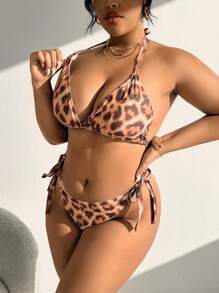 SHEIN Swim Curve Summer Beach Plus Size Women's Leopard Printed Halter Neck Separated Bikini Set - Multicolor - View 4