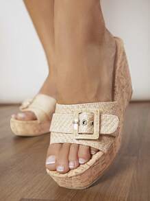 SHUZIA Women'S Beige Wedge Heeled Platform Sandals