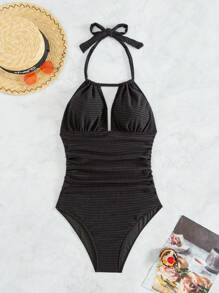 Swim Vcay Summer Beach Solid Color Halter Neck One Piece Swimsuit With Ruffle Detail Music Festival - Black - View 6