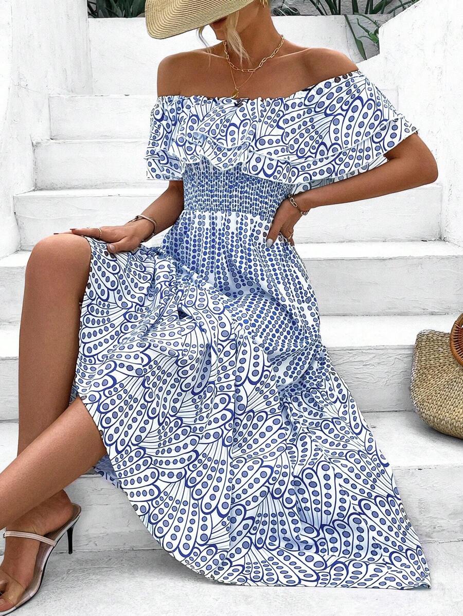 Breezaya Polka Dot Print Off Shoulder Dress With Ruffle Trim - Multicolor - View 1