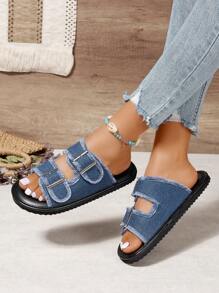 女款牛仔面料平底涼鞋,帶扣裝置,柔軟底部,開放式前端,舒適易穿脫 - 藍色 - 查看 2