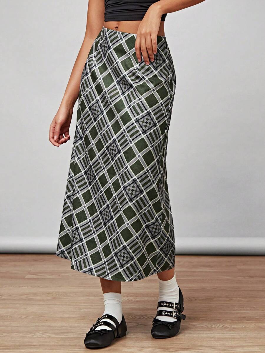Forever 21 Của phụ nữ Retro Họa tiết Lưới Đơn giản Váy chữ A , Cao đẳng Gió - xanh quân đội - Xem 1