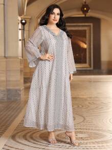 Al Najma 加大码刺绣拼布蕾丝端庄长袖连衣裙，卡夫坦