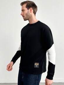RueChic Men's Color Block Casual Daily Long Sleeve Pullover Sweatshirt - Black - View 5