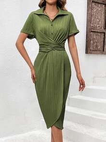 SHEIN Privé 女式十字交叉細節短袖襯衫連衣裙 - 軍綠色 - 查看 4