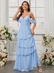 SHEIN Belle 綁帶吊帶成人伴娘服，V領，荷葉邊和層疊裙擺 - 淺藍色 - 查看 4